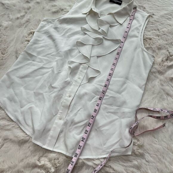 Karl Lagerfeld Top Blouse Shirt Paris Ruffle White Button Up Collared size M - Picture 9 of 10